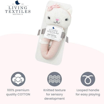 Pink & White Ava Cat Knitted Baby Rattle | Living Textiles
