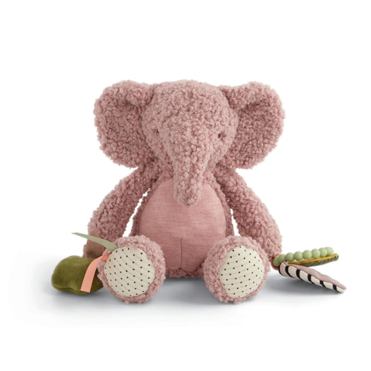 Pink Edie Elephant Activity Toy soft plush with crinkly tummy and apple rattle features