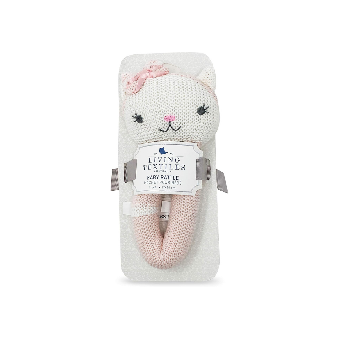 Pink & White Ava Cat Knitted Baby Rattle | Living Textiles