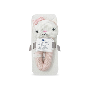 Pink & White Ava Cat Knitted Baby Rattle | Living Textiles