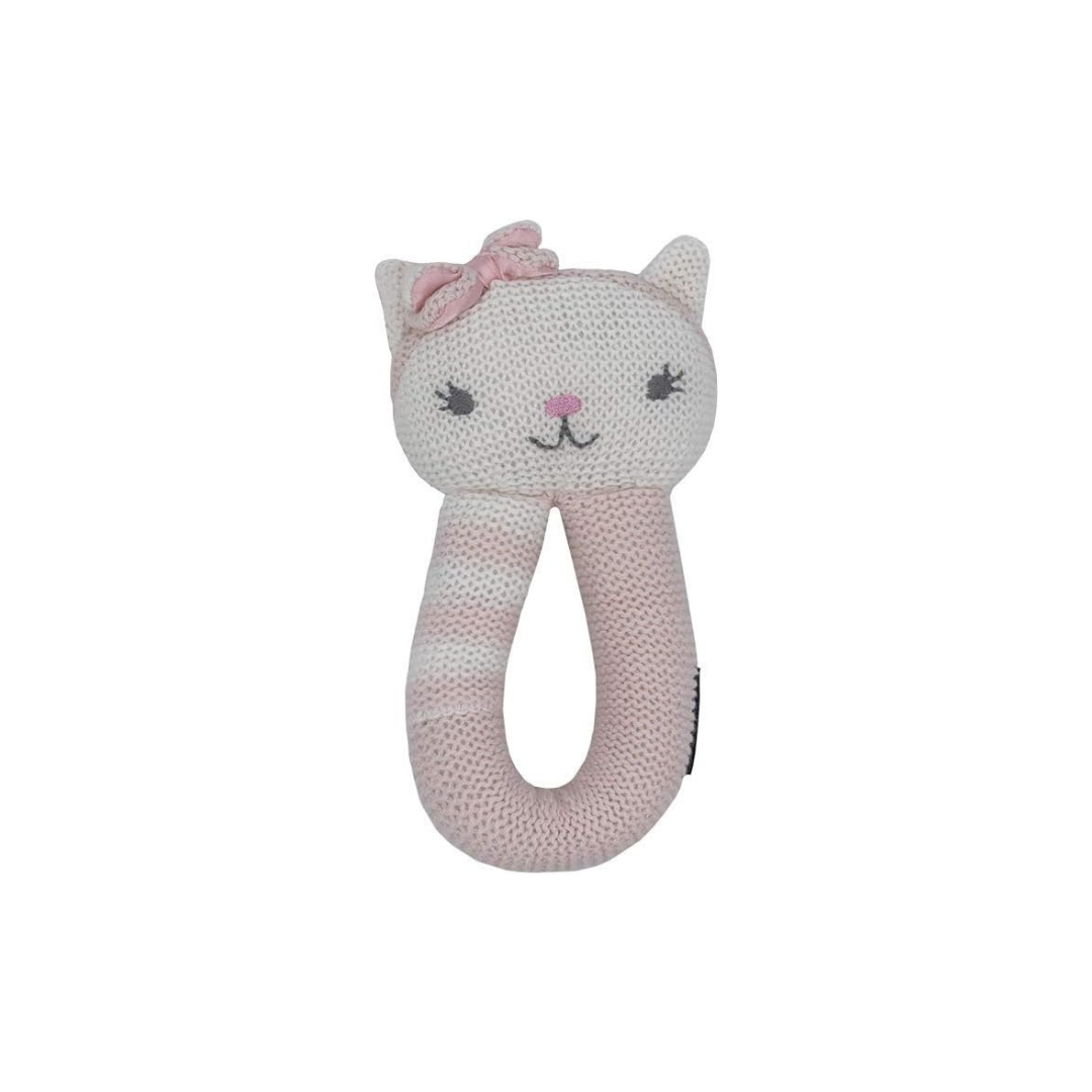Pink & White Ava Cat Knitted Baby Rattle | Living Textiles