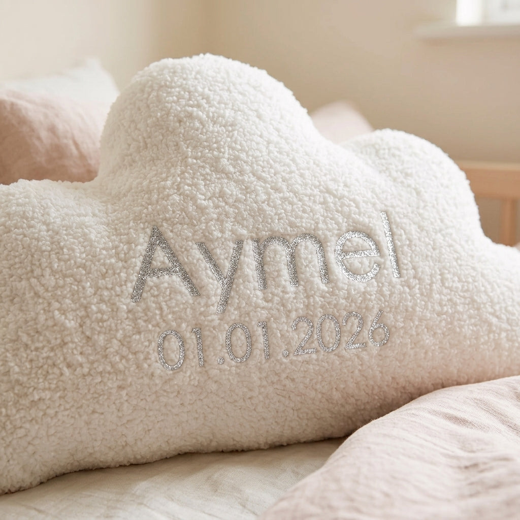 White bouclé cloud cushion personalised with a baby's name, Cloudy Hugs by MYLU