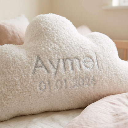 White bouclé cloud cushion personalised with a baby's name, Cloudy Hugs by MYLU